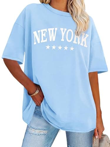 Womens Oversized Tshirt Graphic Tees Crew Neck Summer Short Sleeve Loose Fit Tops(Blue Letters, L) - Image 1