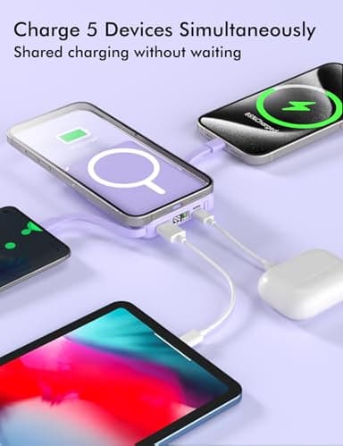 podoru for Magsafe Battery Pack, 10000mAh Magnetic Power Bank Built-in Double USB-C Cables 22.5W PD Fast Charging LED Display Wireless Portable Charger for iPhone 16/15/14/13/12/ All Series-Purple - Image 2