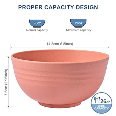 HOTEC BPA Free Unbreakable Wheat Straw Cereal Bowls - Microwave & Dishwasher Safe Soup and Salad Bowls, Set of 8, 26oz, Multicolor - Image 2