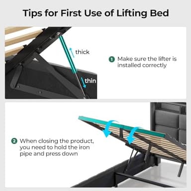 Rolanstar Bed Frame Full Size with Lift Up Storage, Charging Station & LED Lights, Upholstered Storage Headboard, Heavy Duty Wooden Slats, No Box Spring Needed, Noise Free, Easy Assembly, Black - Image 7