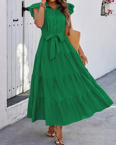 dowerme Women's Summer Casual Dresses 2025 Cap Ruffle Sleeve V Neck Button Belted Tiered Boho Maxi Dress with Pockets(Bright Green,Medium) - Image 4