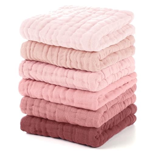 Unnivoll Muslin Baby Washcloths 6 Pack, 100% Cotton Wash Cloths for Babies, Large 12''X12'' Burp Cloths Absorbent and Soft for Newborn Infants Kids Boys Girls - Gradient Pink - Image 1