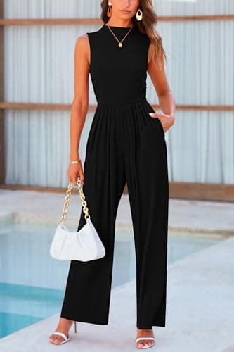 PRETTYGARDEN Womens Summer Jumpsuits Dressy Casual One Piece Outfits Sleeveless Mock Neck Wide Leg Pants Rompers with Pockets (Black,X-Large) - Image 3