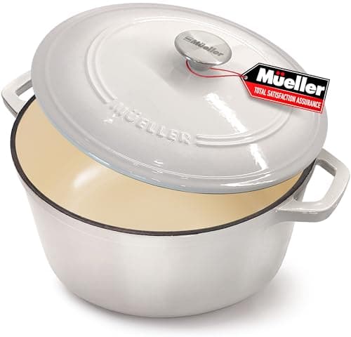 Mueller 6qt Enameled Cast Iron Dutch Oven, Heavy-Duty Casserole and Braiser Pan with Lid and Knob, Oven-Safe up to 500° F & Across All Cooktops, White - Image 1