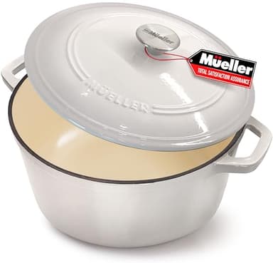 Mueller 6qt Enameled Cast Iron Dutch Oven, Heavy-Duty Casserole and Braiser Pan with Lid and Knob, Oven-Safe up to 500° F & Across All Cooktops, White - Image 1