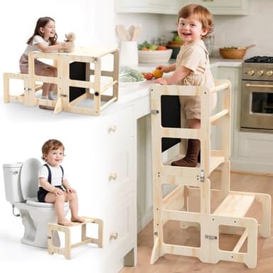 Toddler Kitchen Step Stool, 4-in-1 Foldable Standing Tower with Blackboard, Toddler Step Stool for Bathroom Sink, Kitchen Counter, Ages 18 Months to 4 Years - Image 1