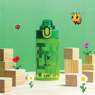 Zak Designs Sage Minecraft Kids Water Bottle For School or Travel, 16oz Durable Plastic Water Bottle With Straw, Handle, and Leak-Proof, Pop-Up Spout Cover (Creeper) - Image 3