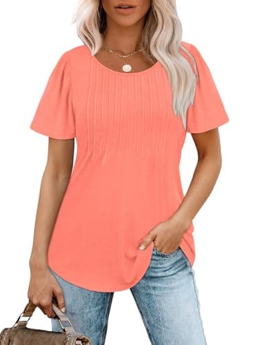 Summer Tops for Women Puff Short Sleeve Loose Fit Scooped Neck T Shirts Beach Vacation Clothes Fashion Clothing Coral M - Image 2