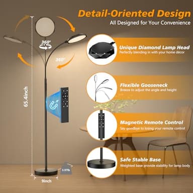 Floor Lamp, 18W Bright LED Floor Lamps for Living Room with Diamond-Surface, Stepless Adjustable Colors & Dimmer Standing Lamp with Timer, Remote & Touch Control, Reading Lights for Bedroom, Office - Image 7