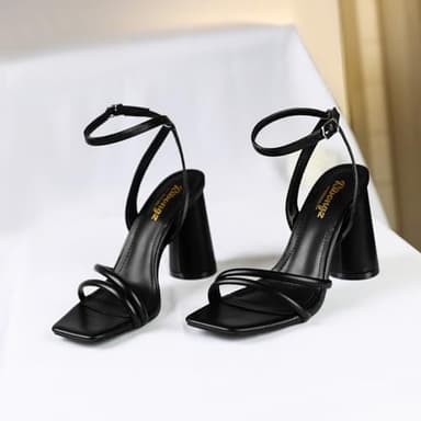 RIBONGZ Black Block Heeled Sandals for Women Chunky Prom Heels Square Open Toe Strappy High Heels Ankle Strap Wedding Bridal Shoes High Heel Sandals for Party Dress 7.5 - Image 3