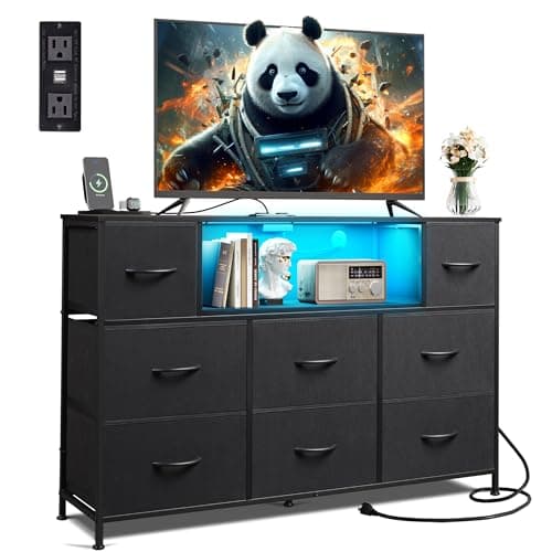 WLIVE Black TV Stand for 45, 50, 55 inch TV, Entertainment Center with LED Lights & Charging Station, TV Media Console Table with 8 Fabric Drawers and Open Shelves for Living Room, Hallway, Wood Top - Image 1
