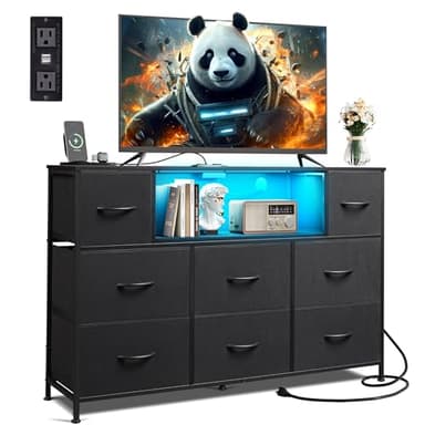 WLIVE Black TV Stand for 45, 50, 55 inch TV, Entertainment Center with LED Lights & Charging Station, TV Media Console Table with 8 Fabric Drawers and Open Shelves for Living Room, Hallway, Wood Top - Image 1