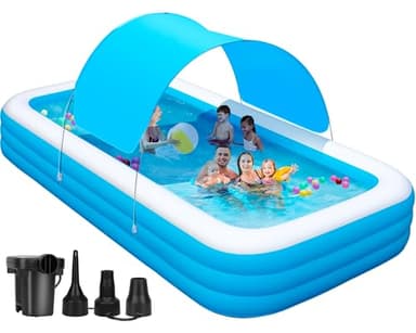 Large Inflatable Pool with Canopy - 145'' x 74'' x 22'' Oversized Thickened Blow Up Pool for Family, Extra Large Swimming Pool with Pump for Backyard, Garden and Outdoor Fun - Image 1