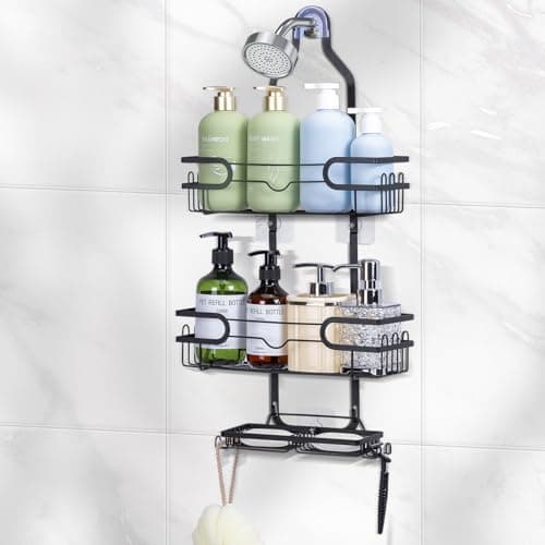 Tonswachic Bathroom Hanging Shower Organizer,Large Hanging Shower Caddy with Hooks for Razor and Sponge Rustproof,Over The Shower Head Caddy with Soap Basket - Black, SC001A - Image 1
