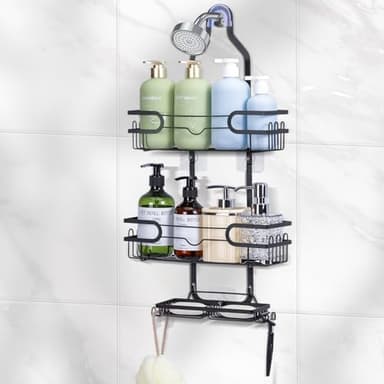 Tonswachic Bathroom Hanging Shower Organizer,Large Hanging Shower Caddy with Hooks for Razor and Sponge Rustproof,Over The Shower Head Caddy with Soap Basket - Black, SC001A - Image 1
