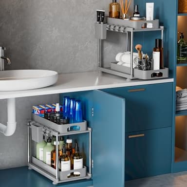 VERIFOST 2 Pack Adjustable Gray Under Sink Organizers, 2 Tier Pull Out Storage, Kitchen Bathroom Office Laundry Room Living Room - Image 8