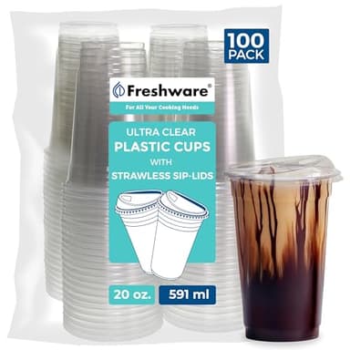 Freshware Clear Plastic Cups with Strawless Sip Lids [100 Cups - 20 oz] Disposable Tumblers for Iced Coffee, Smoothie, Milkshake, Cold Drinks - Image 1