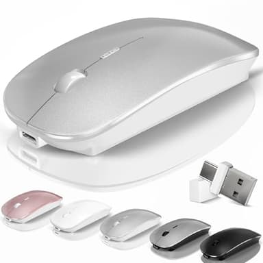 Kovess Mouse for Laptop Wireless Bluetooth - MacBook Air Mac Pro PC iPad Optical Rechargeable Silent Mouse with Jiggler Dual Mode Switch Bluetooth 5.2/3.0 and 2.4GHz USB-A and Type-C Receiver Silvery - Image 1