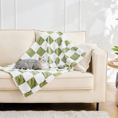 Qeils Jacquard Dog Blankets for Large Dogs, Cozy Calming Cat Blankets Washable, 280GSM Coral Fleece Plush Fluffy Throw Blanket, Sage Green Checkered, 30x40IN - Image 1