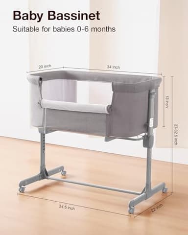 Larex Baby Bassinet, 3 in 1 Bassinets Bedside Sleeper for Newborn, Portable Crib Adjustable 7 Height Bedside Bassinet with Mattress and Wheels Light Grey - Image 6