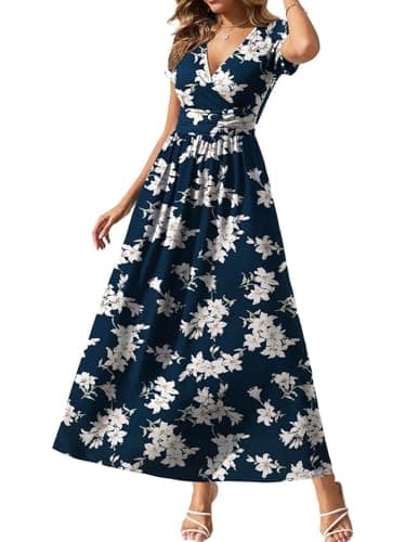 Gracyoga Sundresses for Women 2025 Fall Blue Casual Midi Flowy Wrap V Neck Dress Short Sleeve Blue Lily Print Dresses Summer Vacation Outfits XL - Image 1
