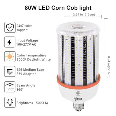 120W Led Corn light bulbs,18000 Lumen LED Corn Bulb 1200W Equivalent 5000K Daylight White Lamp,E26/E39 Medium Mogul Base,2-Pack Large Area Lights For Outdoor Indoor Warehouse Garage High Bay Lighting - Image 3