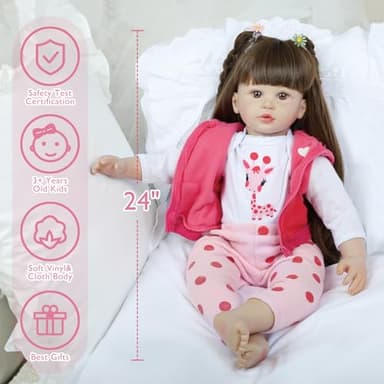 Kdudgso Reborn Baby Dolls 24 Inch Realistic Toddler Silicone Baby Doll Girl with Long Hair in Gift Box, Weighted Lifelike Babe Muñecas Niñas, Feeding Toys, Birth Certificate Accessories for Age 3+ - Image 2