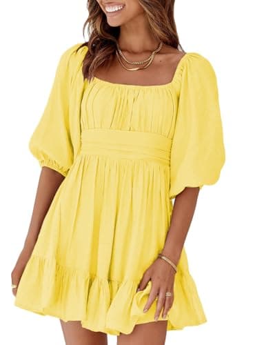 Dokotoo Womens Yellow Sexy Dress Square Neck Shirred Elastic Waist Lantern Sleeve Ruffle Tie Back A-Line Mini Dress Casual Summer Dresses for Women Large - Image 1
