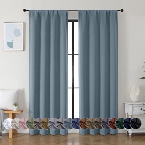 Simplebrand Ava Stone Blue Blackout Curtains for Bedroom 84 Inch Length 2 Panels Set, Solid Thermal Insulated Privacy Living Room Window Treatment Curtains Blackout Drapes, W40 x L84 Inch, Stone Blue - Image 1