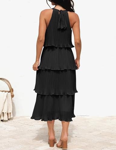 ZESICA Women's 2025 Summer Sleeveless Halter Neck Ruffle Tiered Layed Chiffon Flowy Swing Long Midi Dress,DarkBlack,X-Large - Image 4