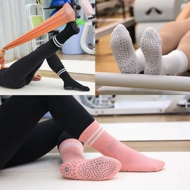 Toes Home Pilates Socks for Women with Grippers, Non Slip Yoga Crew Socks for Barre Hospital Exercise Workout Sticky Athletic Slipper Socks 4 Pairs - Image 3