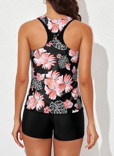 Aleumdr Womens Tankini Swimsuits Athletic 3 Piece Tummy Control Bathing Suits with Shorts Modest Tank Tops Pink Printed Medium - Image 2