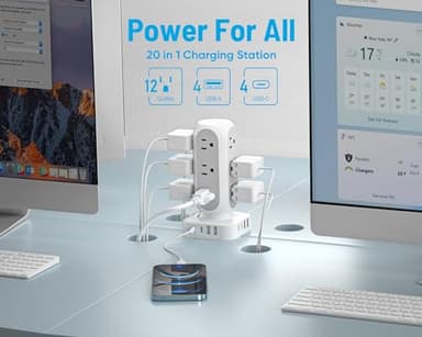 TenTrend 65W Fast Charging Station, Flat Plug Power Strip Tower with 12 AC Outlets & 8 USB Ports (2 PD USB-C Ports), 10FT Extension Cord, Compatible for MacBook Pro, iPhone Series. - Image 3
