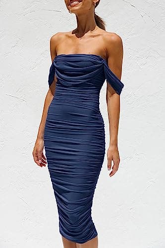 PRETTYGARDEN Wedding Guest Dress 2025 Summer Off Shoulder Ruched Elegant Sexy Bodycon Homecoming Cocktail Party Midi Dress (Navy,Medium) - Image 4