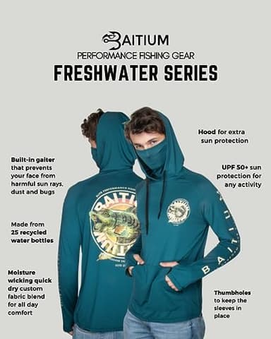 Fishing Shirts for Men,UPF50 Hooded Long Sleeve with Gaiter, Sun Protection Dry Fit Apparel, Cooling Moisture Wicking with Face Mask, Fishing Clothes for Men - Bass (X-Large, Teal) - Image 2