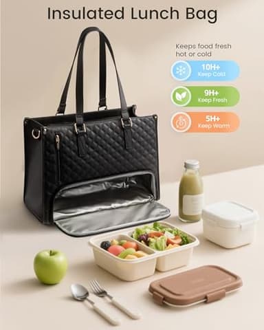 LOVEVOOK Lunch Tote Bag for Women, 15.6 Inch Laptop Bag with Insulated Lunch Compartment, Quilted Large Capacity Computer Handbag with Purse for Business, Work, Nurse, Office, Collage, Casual, Black - Image 7
