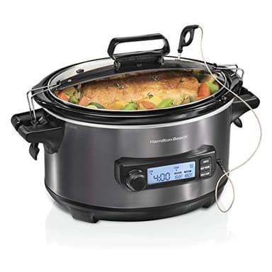 Hamilton Beach Portable 6 Quart Set & Forget Digital Programmable Slow Cooker with Lid Lock, Temperature Probe, Dishwasher Safe Crock & Lid, Black Stainless (33866) - Image 1