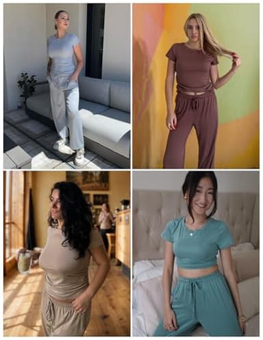 Ekouaer Women's 2 Piece Lounge Sets Ruched Short Sleeve Top and Wide Leg Pants Loungewear Tracksuit Sets with Pockets Light Gray - Image 6