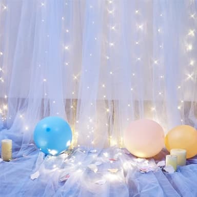 Baby Blue Sheer Tulle Backdrop Curtains with Lights String for Parites Baby Shower Decorations for Boy Bridal Shower Birthday Party Photo Shoot Background Wall Decorations 10×8ft(2 Panels 5×8ft) - Image 5