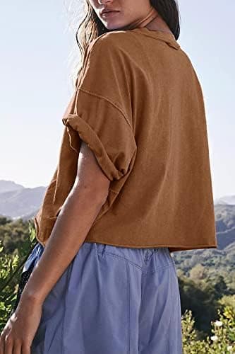 Women's Oversize Workout Crop Tops Casual Short Sleeve Drop Shoulder Boxy T-Shirts Roll Hem Basic Loose Yoga Running Tees - Image 6
