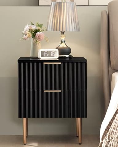 SICOTAS Black Night Stand Set 2, Fluted Glossy Nightstand with 2 Drawers, Wide Modern Storage Bedside Table for Bedroom, End Side Table with Golden Metal Legs and Handles (Black, 2 Pieces) - Image 3