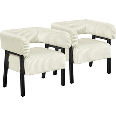 Yaheetech Corduroy Barrel Accent Chair Set of 2, Modern Upholstered Armchair with Solid Wood Legs, Cozy Leisure Chair with Pocket Coiled Seat for Living Room, Bedroom, Reading Nook Beige - Image 9
