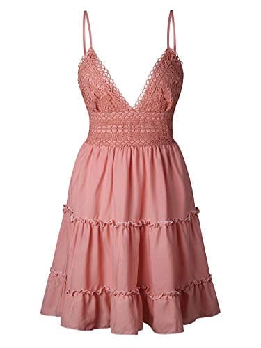 ECOWISH Summer Dresses for Women 2025 V-Neck Spaghetti Strap Bowknot Backless Sleeveless Lace Mini Swing Skater Dress Pink-1 Medium - Image 5