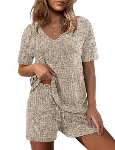 Ekouaer Womens 2 Piece Lounge Sets Summer Two Piece Outfits Ribbed Knit V Neck Short Sleeve Tee and Pockets Shorts Sets - Image 1
