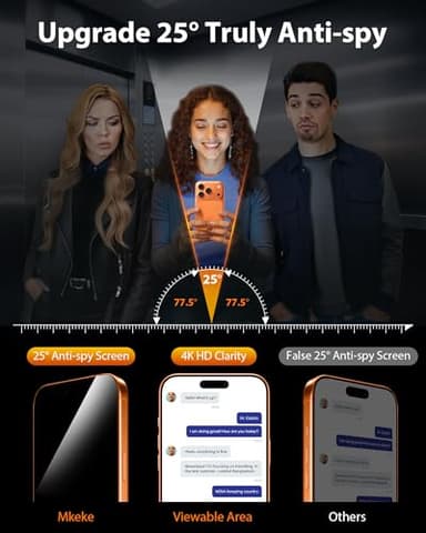 Mkeke for iPhone 17 Pro Max Privacy Screen Protector 3 Pack, 25° Anti Spy & Auto Installation Privacy Screen Protector 9H+ Hardness Full Edge Coverage Tempered Glass for iPhone 17 Pro Max 6.9 inch 2025 - Image 4