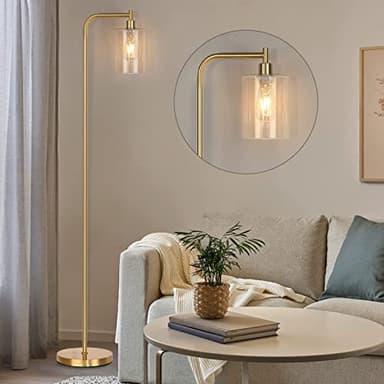 QiMH Glass Floor Lamp for Living Room, Modern Industrial Standing Lamp with Pedal Switch, 67” Tall Pole Lamp for Bedroom Study Room, Brushed Gold - Image 2