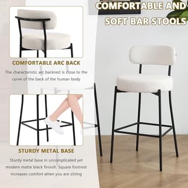 DYHOME Bar Stools Set of 3, White 28" Counter Height Bar Stools with Curved Back, Boucle Barstools with Metal Leg, Mid-Century Modern Bar Chairs for Kitchen Island, Dining Room - Image 5