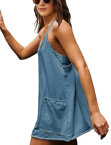 Lentta Womens Athletic Sleeveless Mini Dress with Built-in Shorts V Neck Spaghetti Strap Sundress(Navy-S) - Image 4