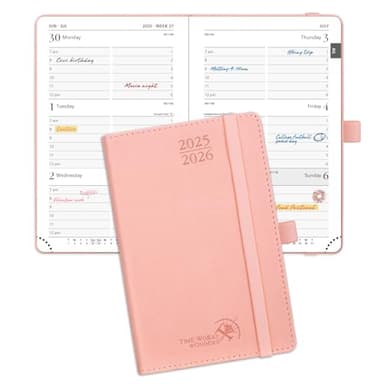 POPRUN Pocket Planner 2025-2026 (Purse Size 4'' x 6.25'') Academic Small Calendar (July 2025 - June 2026) with Hourly Time Slots, 100GSM Thick Papers, Leather Soft Cover - Pink - Image 1