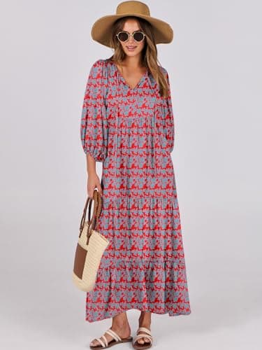 ANRABESS Womens Boho Maxi Dresses 2025 Summer V Neck Puff Sleeve Floral Flowy Swing Fall Casual Long Dress Red Blue Small - Image 8